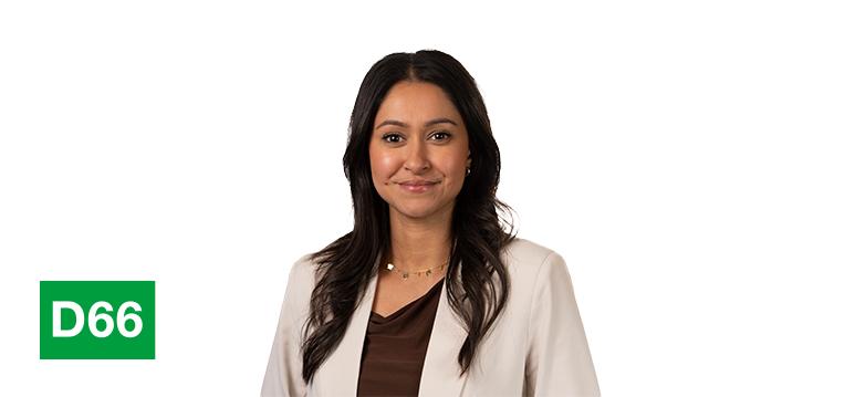 Portrait of El Boujdaini with logo D66.