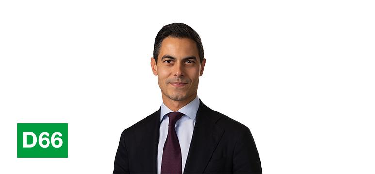 Portrait of Jetten with logo D66.