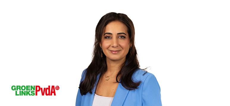 Portrait of Mutluer with logo GL-PvdA.