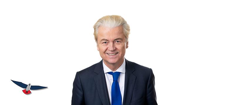 Portrait of Wilders with logo PVV.