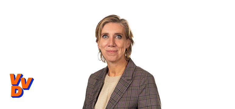 Portrait of Michon-Derkzen with logo VVD.