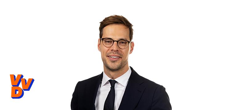 Portrait of Nobel with logo VVD.