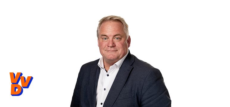 Portrait of Schutz with logo VVD.