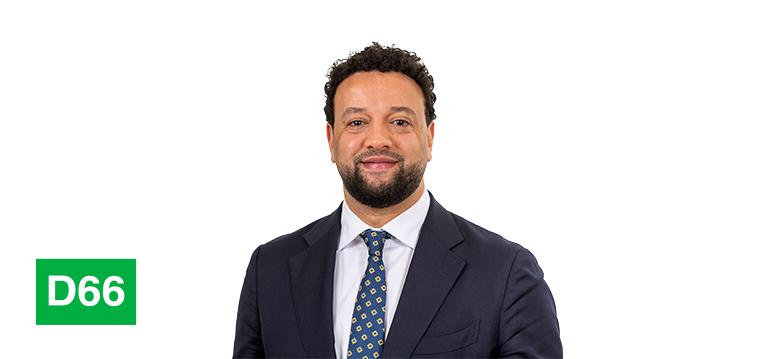 Portrait of Mahjoub Mathlouti with D66 logo on the bottom left